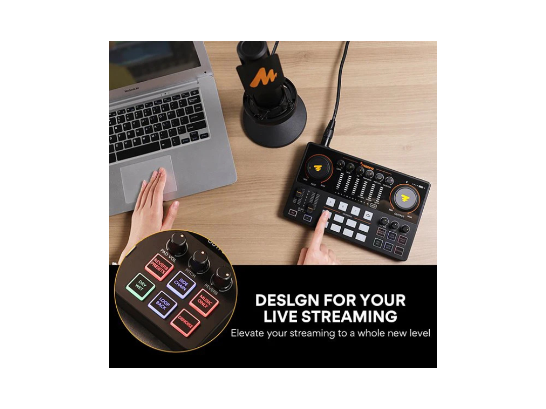 MAONO AME2 Audio Interface, MaonoCaster 10-Channel Podcast mixer with Pro-preamp, 48V Phantom Power, Bluetooth, 11 Customize sound pads for Recording, Streaming. MAONO AME2 Audio Interface, MaonoCaster 10-Channel Podcast mixer with Pro-preamp, 48V Phantom Power, Bluetooth, 11 Customize sound pads for Recording, Streaming.